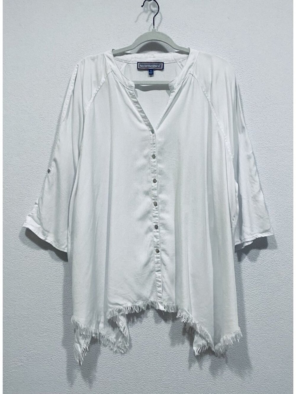 Hester and Orchard Top Womens 1X White Button Up Fringe Hem Tencel Boho Beachy
